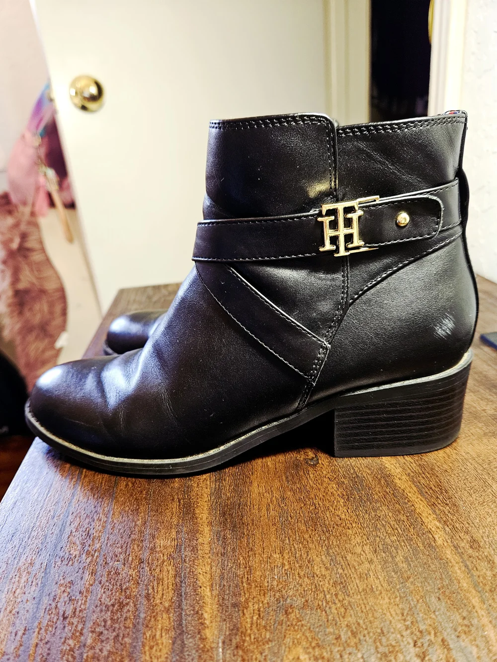 Tommy Hilfiger Black Leather Ankle Booties with Gold Logo Strap-Size 7